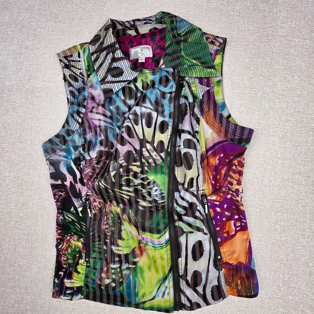 Alberto Makali Womens Butterfly Print Moto Vest Multi Color Full Zip Size L